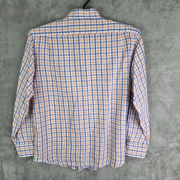 Mens Cremeux Classics Blue White & Orange Checkered Shirt 100% Linen Size M - Picture 5 of 9